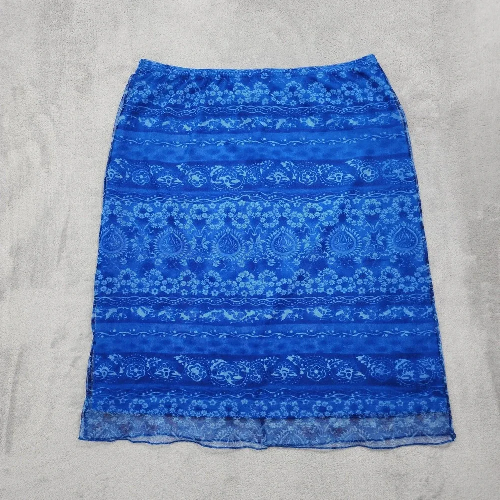 Vintage Sunfire Skirt Women M Blue Floral Stripe Pull On Lined Stretch Fairycore